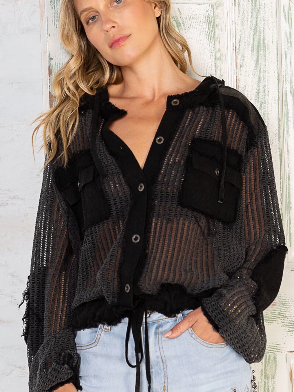 POL Open Knit Crochet Patchwork Contrast Fringe Hoodie Medium Buttons Grunge